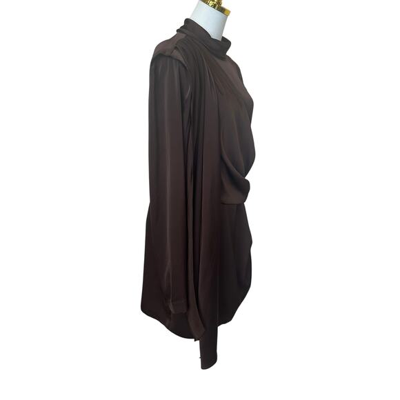 Ronny Kobo Brown Ruched Satin Mockneck Mini Dress XL Cocktail Chic Designer $600 - Picture 10 of 11